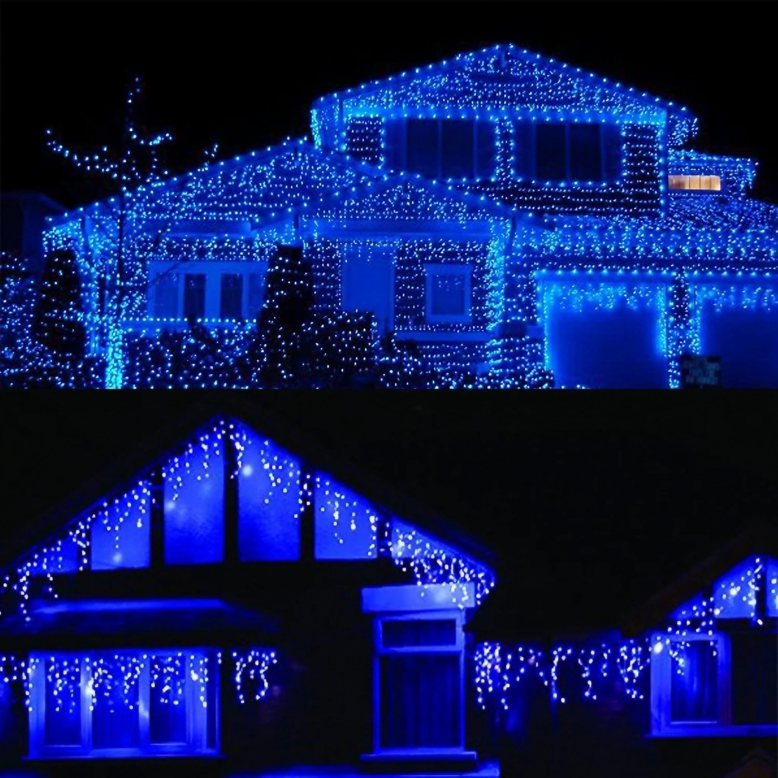 Instalatie Solara Craciun Turturi, IP44, 5 m, 143 Led-uri, Perdea Franjurata, Albastru, 8 jocuri de lumini, cu Telecomanda, 31V, 250 mAh, Acumulator de 1200 mAh, Exterior, Prelungitor 3 m inclus, Fir Transparent, Flippy