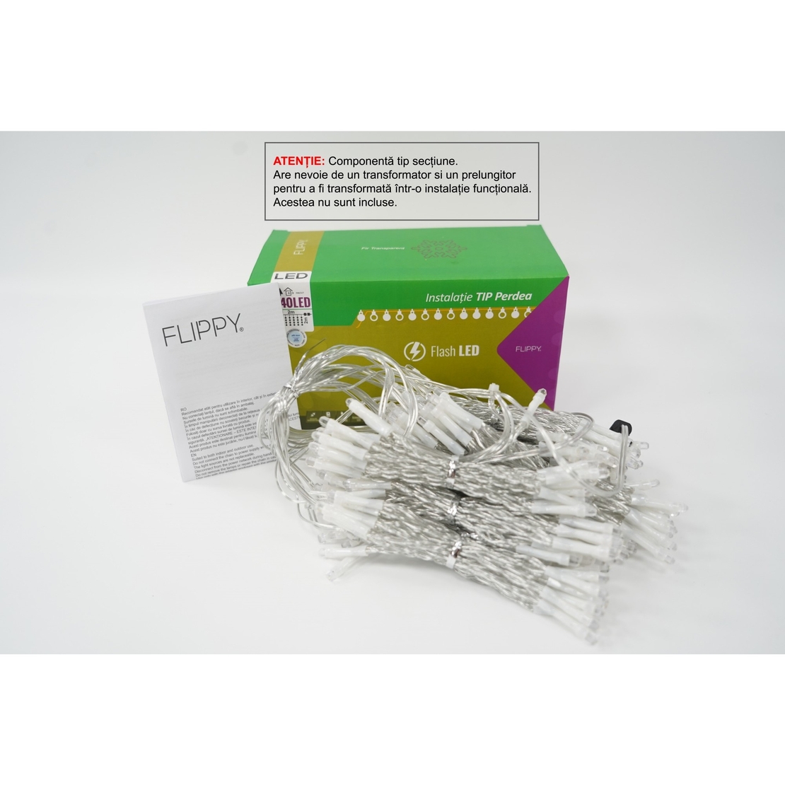 Sectiune Instalatie de Craciun Vafy Tip Perdea, cu Flash, 2 m x 2 m, 240 LED-uri, Interconectabila, Fir Transparent, Alb-Rece