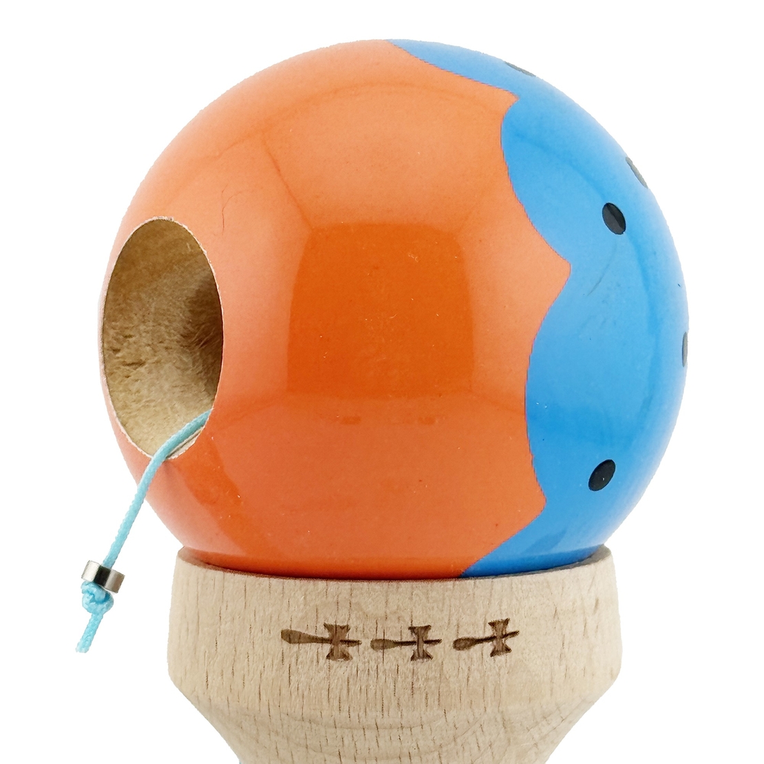 Kendama X Originala, Profesionala, Flippy, Super Sticky cu Cupe Mari KING SIZE V3, Gaura in Baza, Rulment Metalic, din lemn 18 cm, Ata 62/65 cm, Special Albastru/Portocaliu