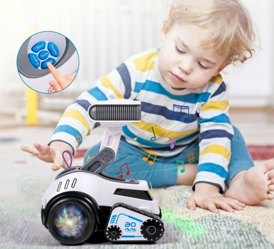 Robot rover interactiv pentru copii cu muzica, lumini, dans si invatare engleza, 19x16x11 cm, alb