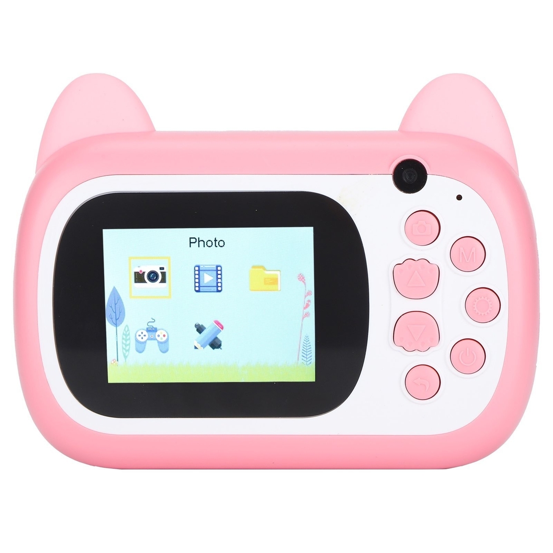 Camera Instantanee pentru Copii, Flippy, Camera Frontala + Selfie, cu Functie de Printare, Cablu USB-C, Bluetooth, Compatibil iOS/Android, Imprimare APP, Model Pisica Smiley Face, Roz