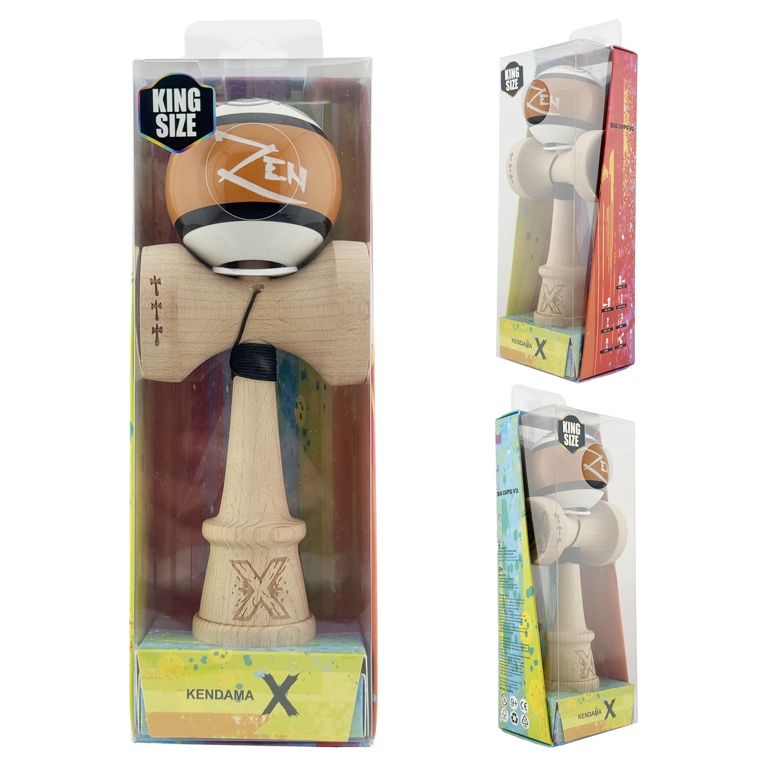 Kendama X Zen Series Originala, Profesionala, Flippy, Cupe Mari KING SIZE V3, Super Sticky, Gaura in Baza, Rulment Metalic, din lemn 18 cm, Ata 62/65 cm, Maro