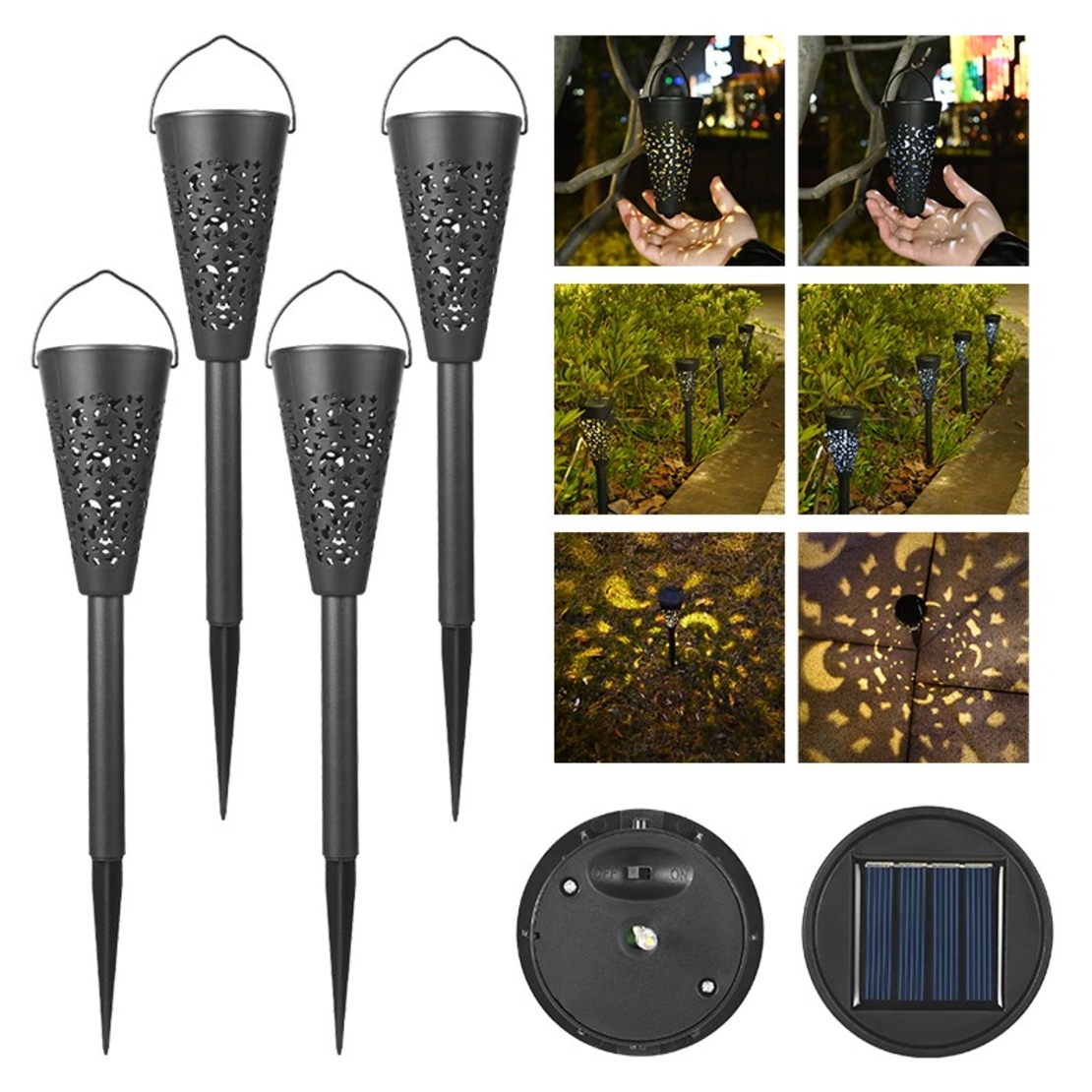 Set 12 Lampi Solare Led pentru Gradina, Flippy, Tip Torta, 36 x 6.8 cm, Buton On-Off, Lumina Alb Cald, Negru