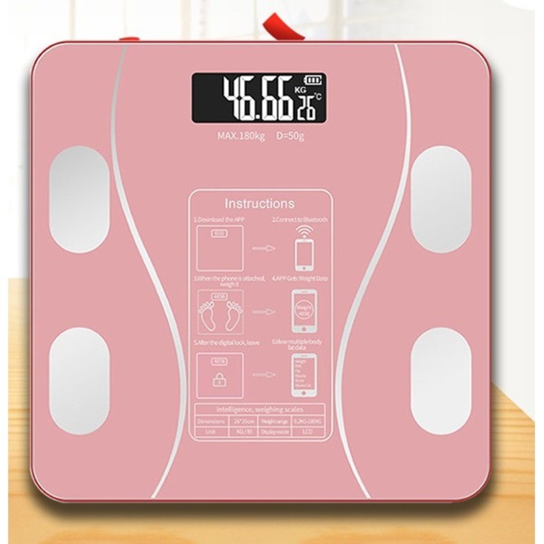 Cantar Electronic Inteligent De Baie Vafy Cu Aplicatie Smart, Corporal, Ecran Digital Iluminat, Termometru, Suporta Maxim 180 Kg, 26 x 26 cm, Baterii, Roz