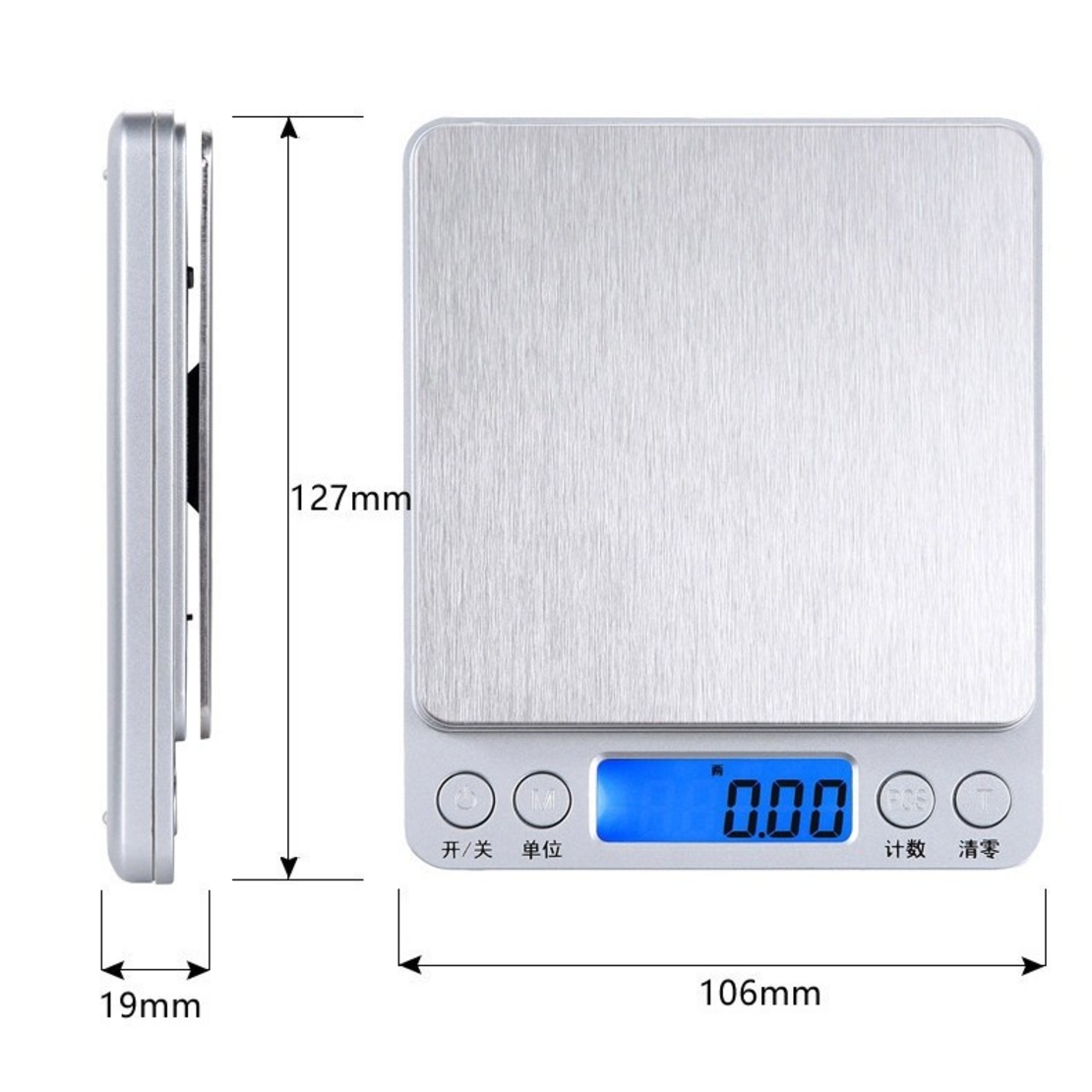 Mini Cantar Electronic, Vafy, pentru Alimente/Bijuterii, max 3 Kg, 2 x AA, 12.7 x 10.6 x 1.9 cm, Gri