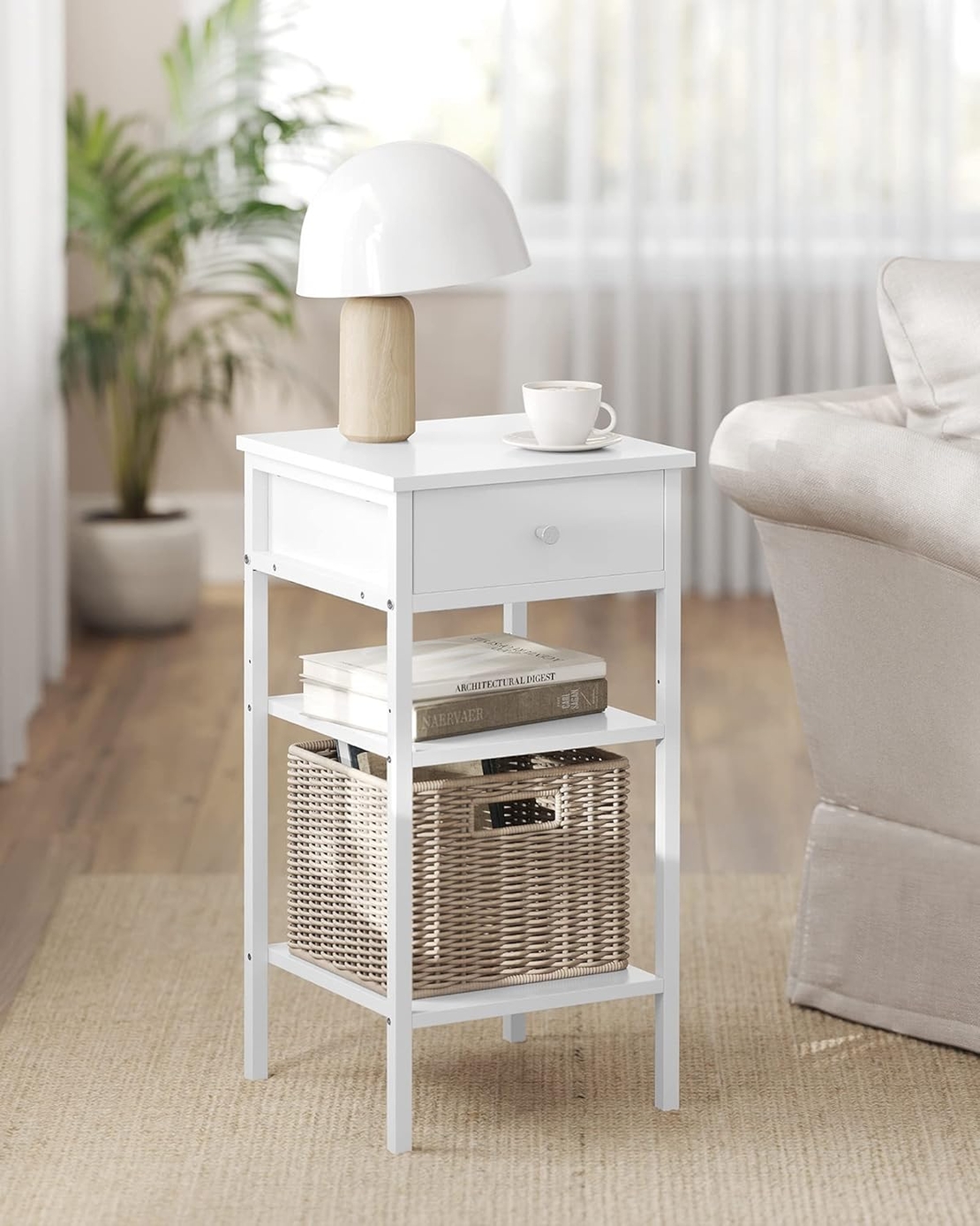 VASAGLE Noptiera cu sertar pentru dormitor, design scandinav, 35x35x70cm, alb
