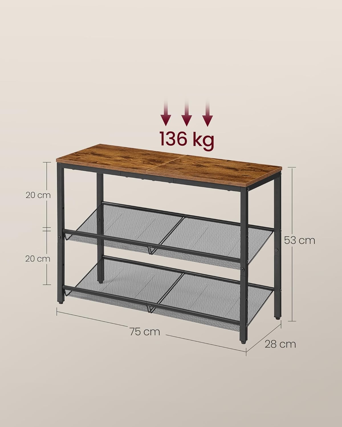 VASAGLE Etajera pantofi cu 3 niveluri, rafturi metalice reglabile si blat superior, stil industrial, 75x28x53 cm, maro rustic
