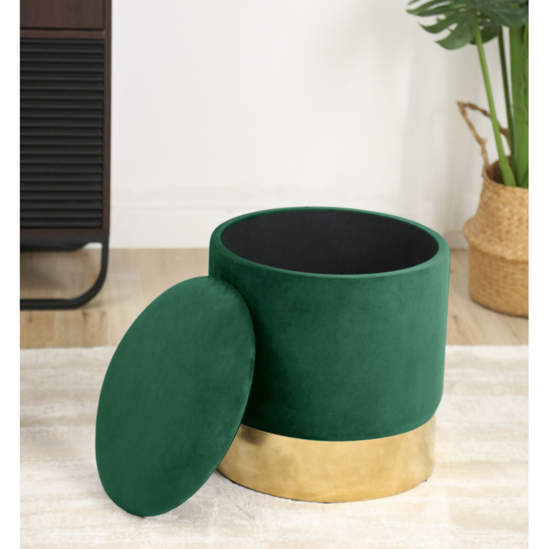 Taburet tapitat rotund Golden cu spatiu de depozitare, velur, 39x39x40 cm, verde