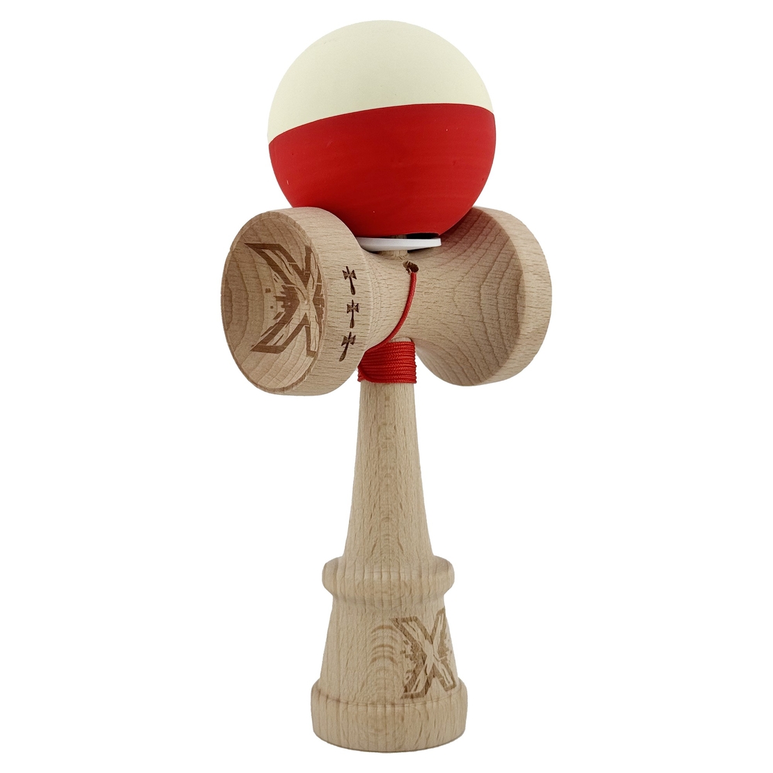Kendama X Originala, Profesionala, Flippy, Rubber Grip, Cupe Mari KING SIZE V3, Gaura in Baza, Rulment Metalic, din lemn 18 cm, Ata 62/65 cm, Bicolor Galben/Rosu