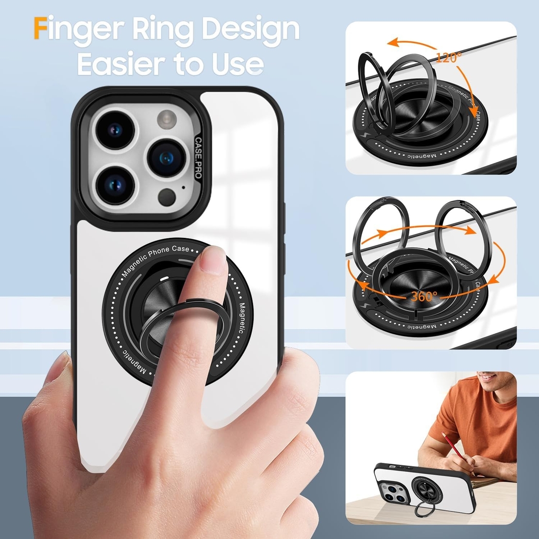 Husa de Protectie TPU, Vafy, pentru iPhone 16 Pro, Anticadere, cu Incarcare Wireless, Tehnologie Magsafe, Inel Magnetic Rotativ cu Functie de Suport, Transparent-Negru