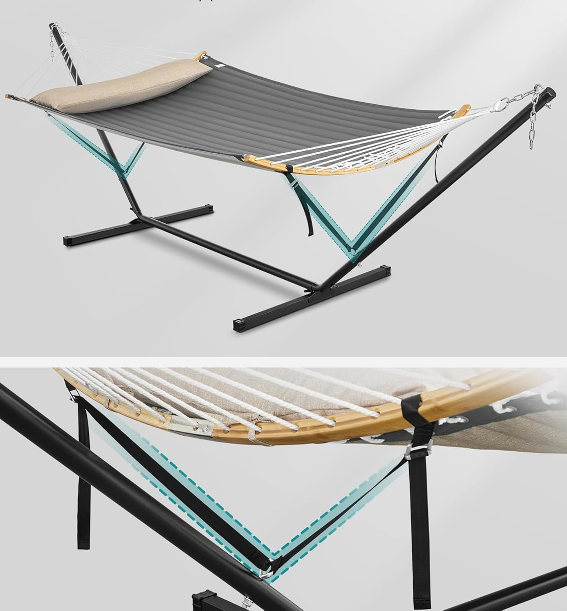 SONGMICS Hamac cu suport metalic, cu suprafata captusita, reglabil, include perna, 200 kg, 400x100x90 cm, gri