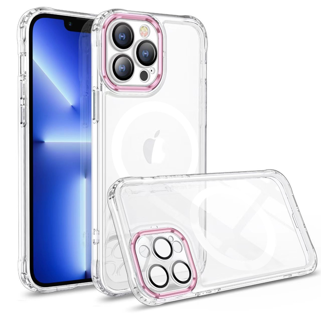 Husa MagSafe Silicone pentru iPhone 13 Pro Max, Vafy, Transparenta, Magnetica, Extra Protectie Camera Roz