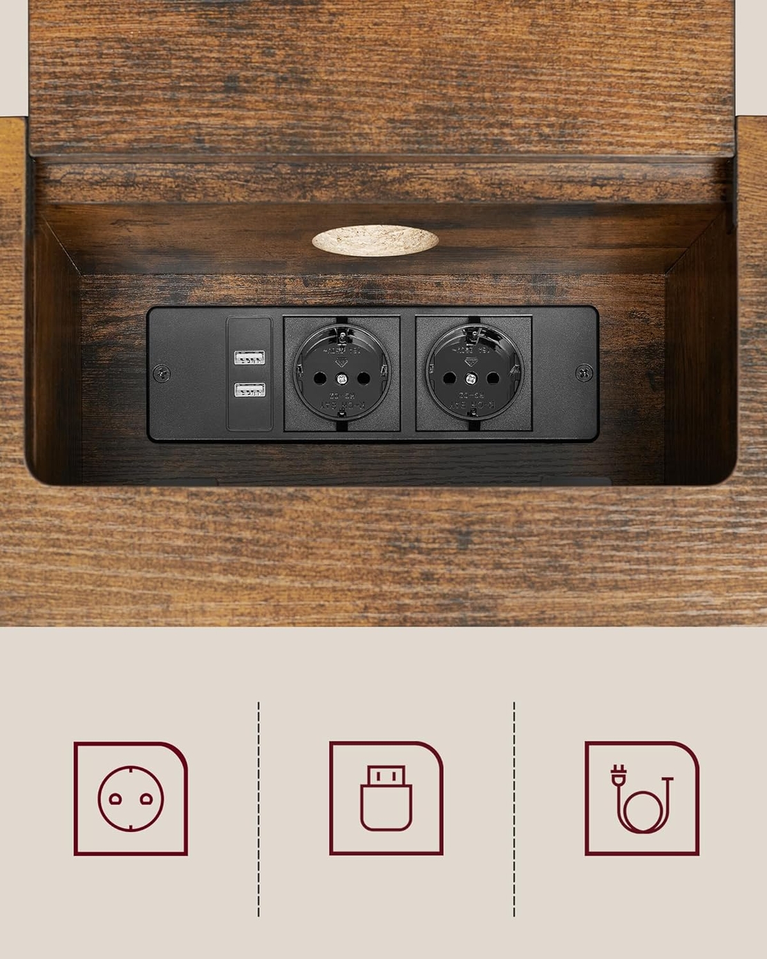 VASAGLE Masa tip consola ingusta, cu 2 prize si 2 porturi USB incorporate, 120x25x81 cm, maro rustic