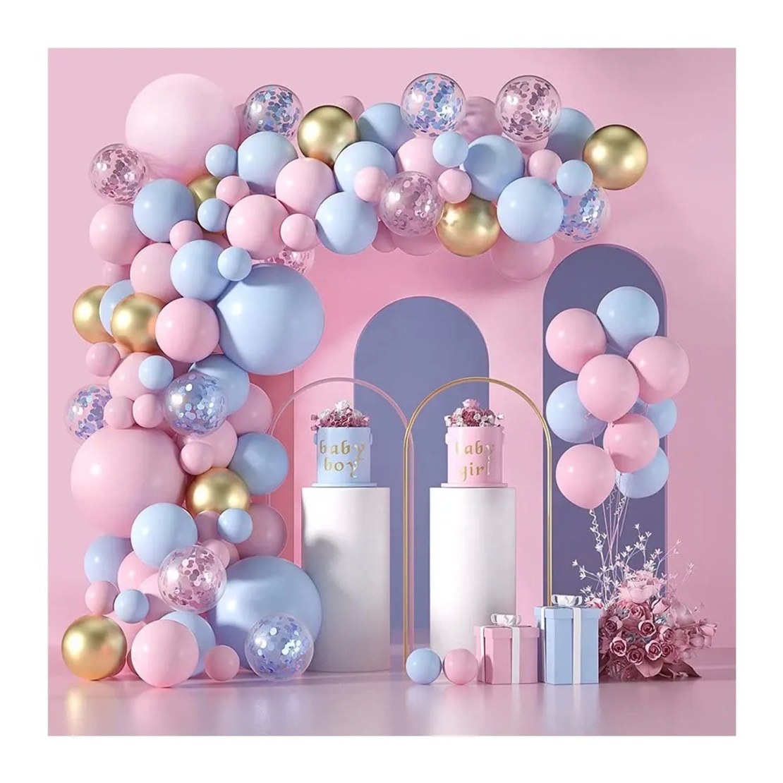 Baloane decorative pentru GENDER PARTY, Flippy, Arcada Set 130 baloane, Arcul de Baloane Roz si Albastru, Baloane Confetti Aurii, Multicolor