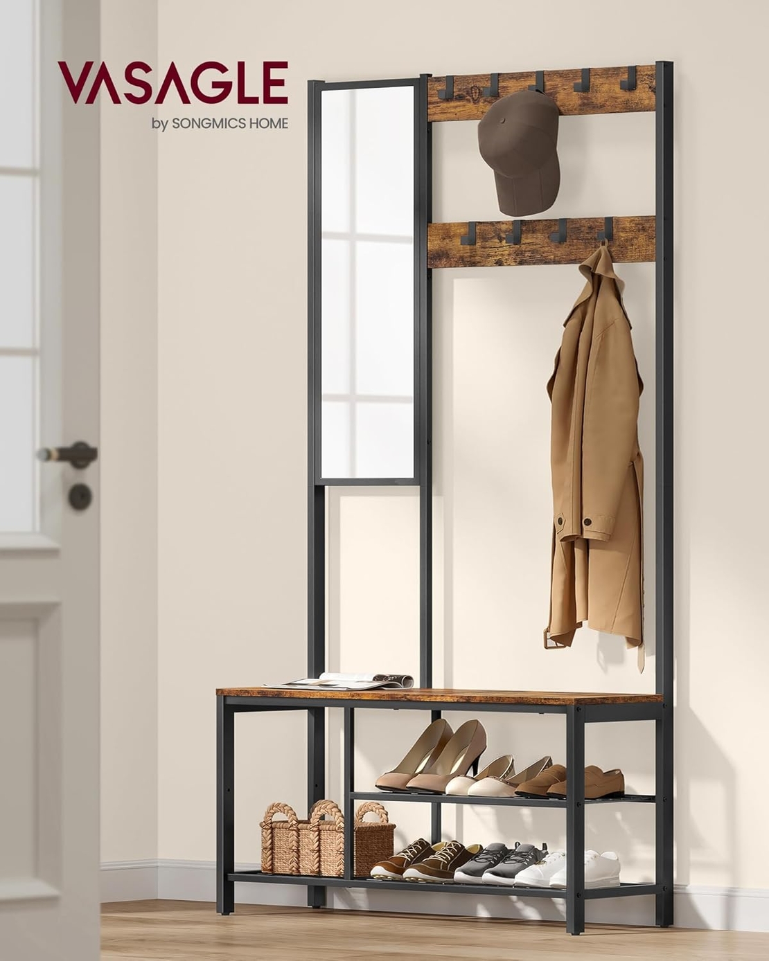 VASAGLE Cuier pentru hol cu oglinda si 9 carlige detasabile, structura metalica, stil industrial, 98x36x185 cm, maro rustic