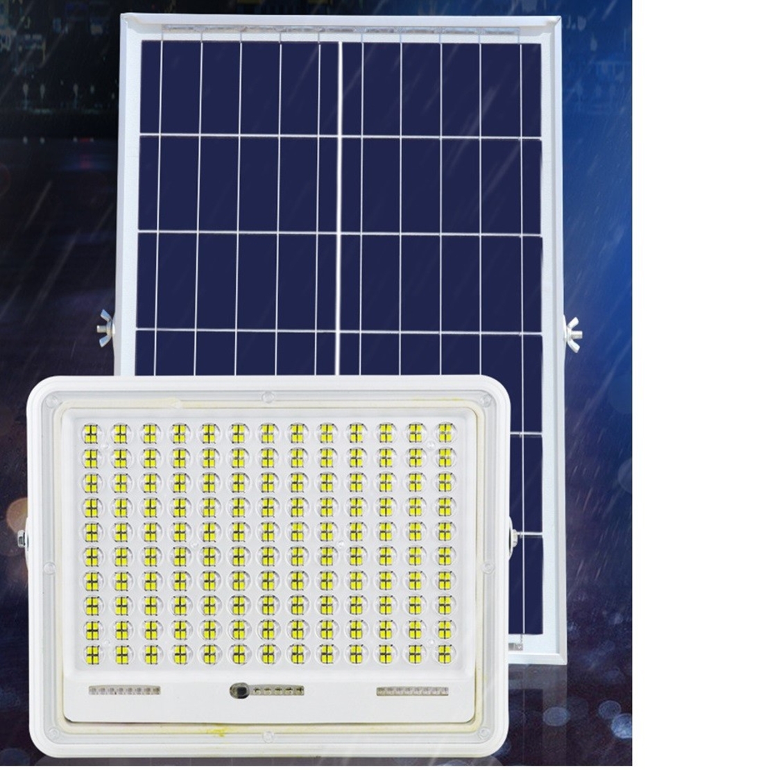 Proiector LED cu Panou Solar Flippy, Senzor de lumina Waterproof, 200W, 29x23 cm, suport U inclus, panou afisaj nivel baterie, telecomand, 220V, Design Modern, Alb