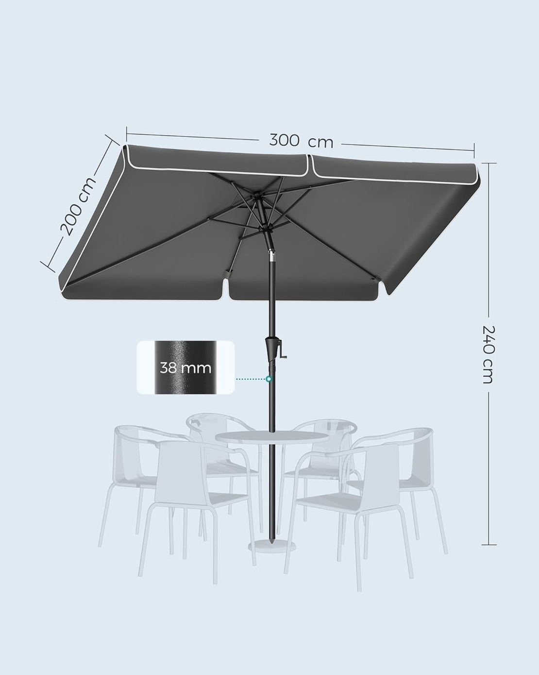 SONGMICS Umbrela de gradina cu manivela, UPF 50+, inclinare 30°, structura metalica, 300x200 cm, gri