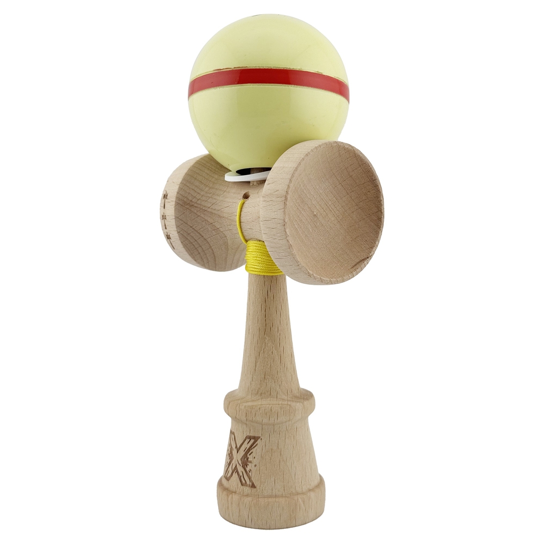 Kendama X Originala Silken, Profesionala, Flippy, Cupe Mari KING SIZE V3, Super Sticky, Gaura in Baza, Rulment Metalic, din lemn 18 cm, Ata 62/65 cm, Cream Galben