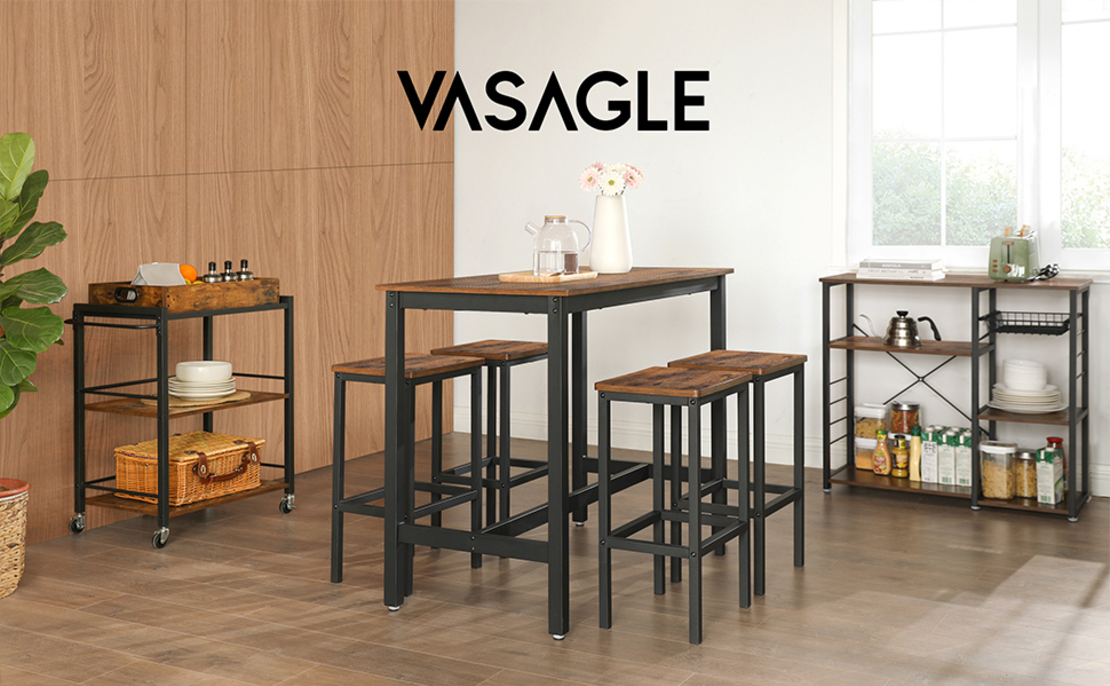 VASAGLE Masa de bar dreptunghiulara cu cadru metalic, 3 rafturi, design industrial, 109x60x100cm, maro vintage si negru