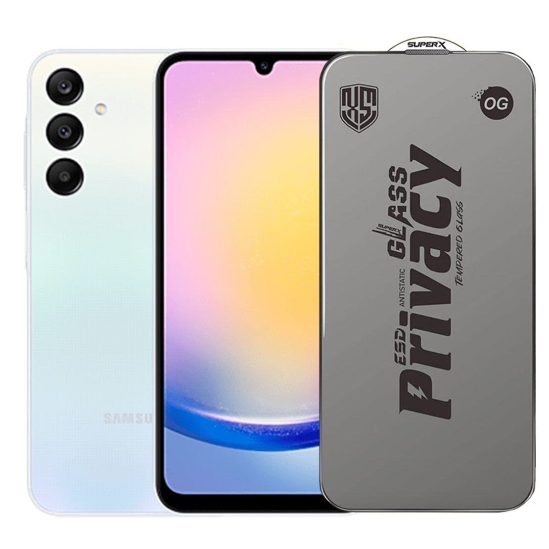 Folie de Protectie pentru Samsung Galaxy A25, Vafy, Sticla Securizata ESD Antistatica, Super-X Privacy OG, Margini Negre, 0.30 mm, Transparent Inchis