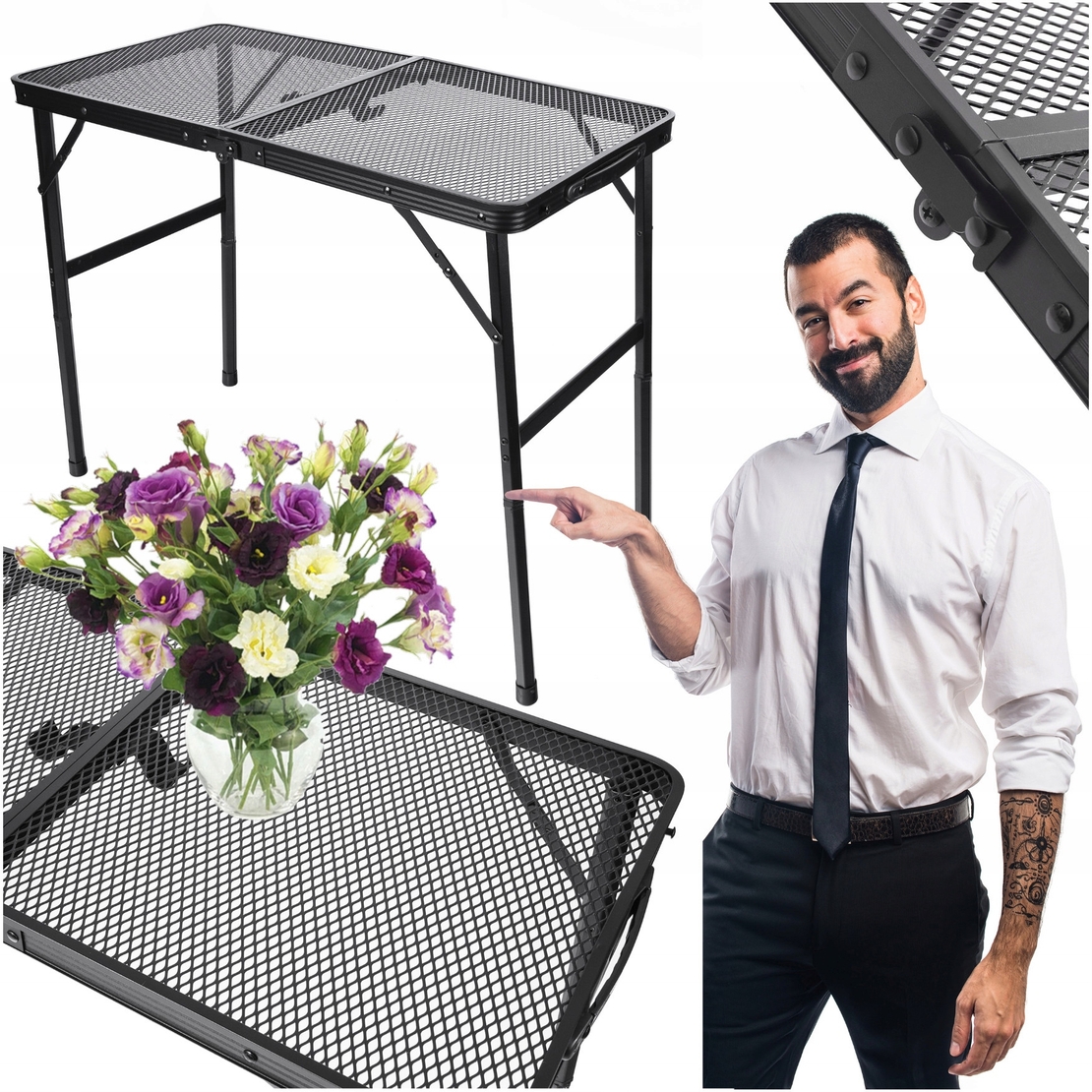 Masa pliabila metalica pentru gradina sau drumetie, 80x40x66cm, inaltime reglabila, neagra