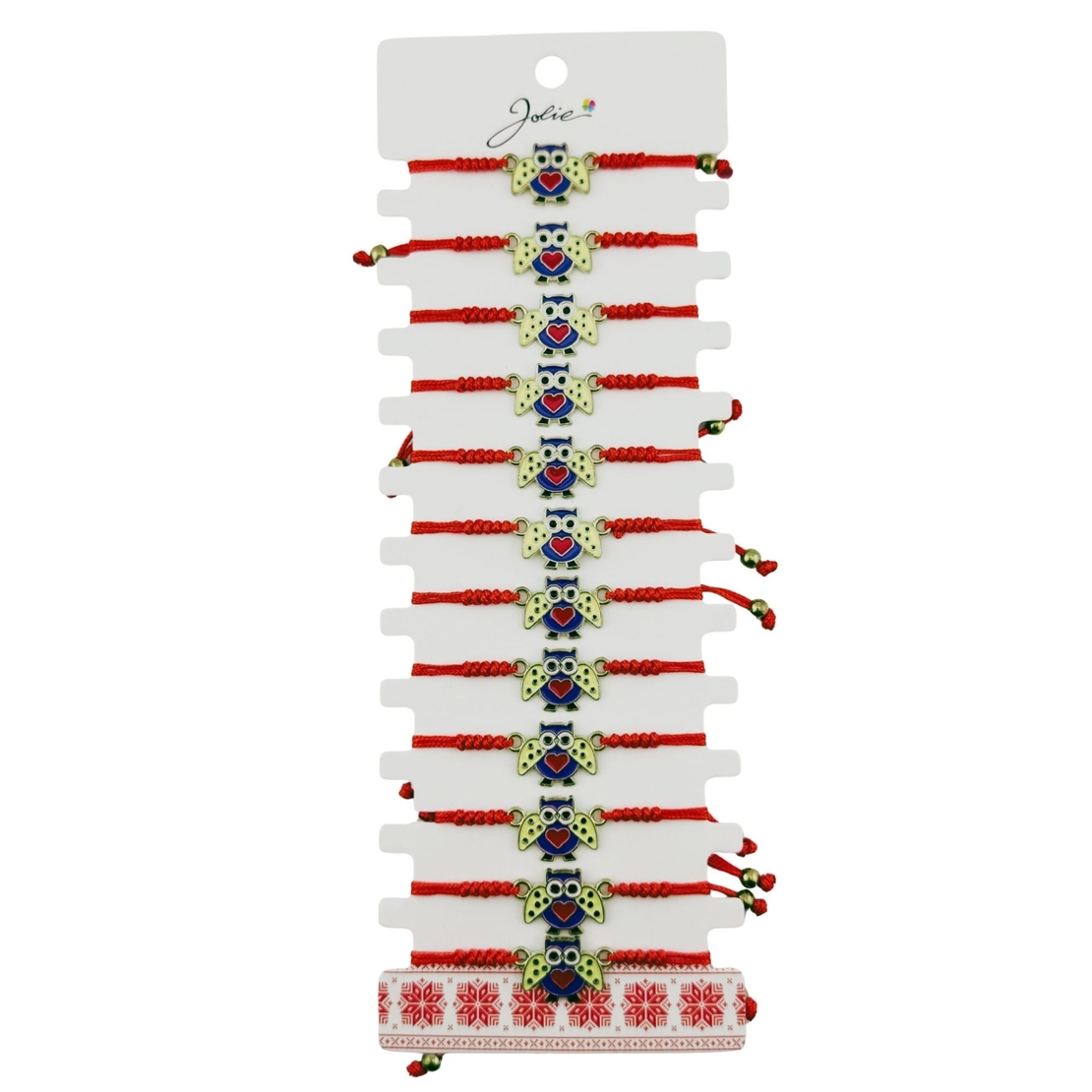 Martisor Bratara pentru Dama si Copii, Jolie, Model Bufnita Inteleapta cu Inimioara, Set 12 bucati, Pandantiv Emailat, Snur Reglabil, Rosu/Multicolor