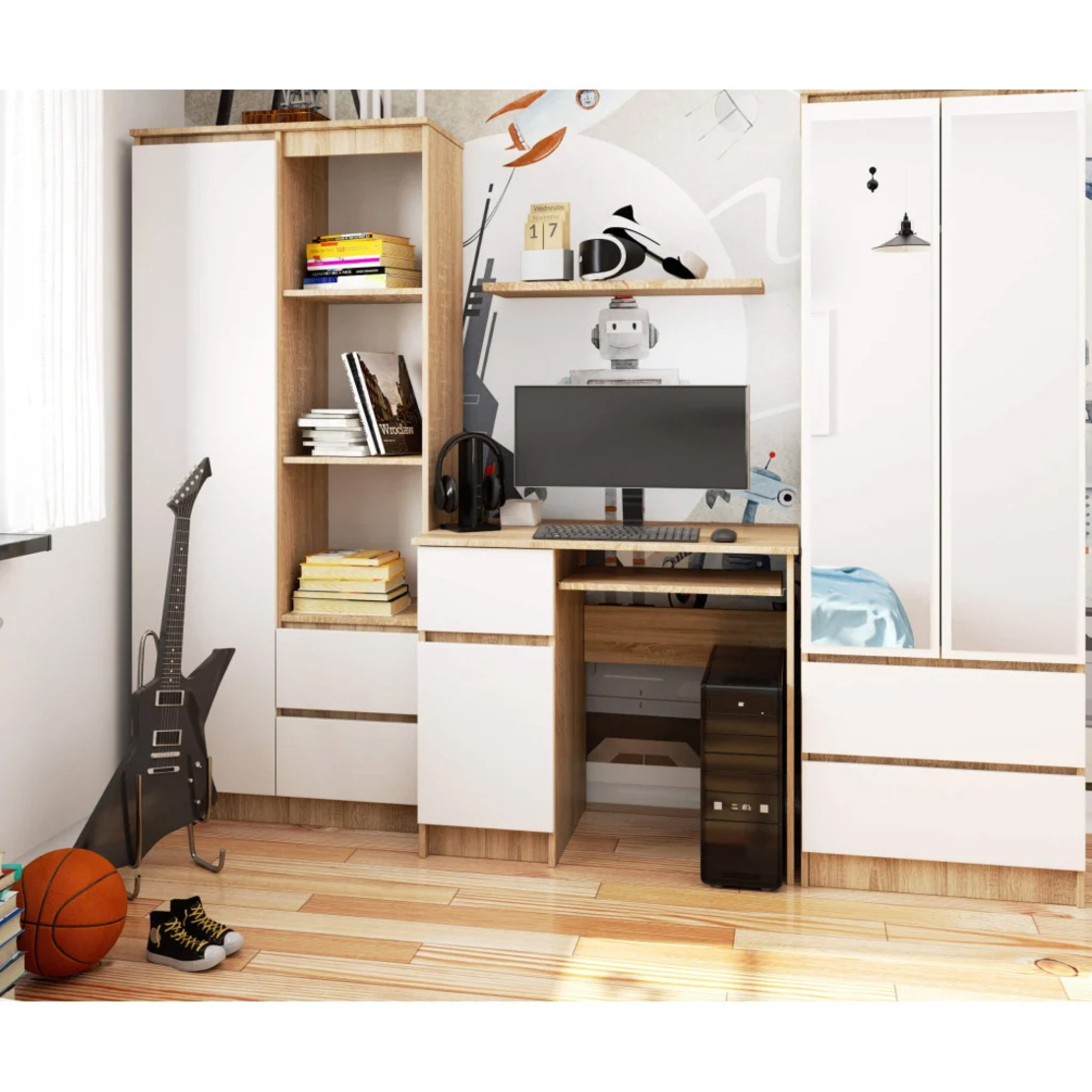 Birou computer PIKSEL, cu sertar, dulap si raft pentru tastatura, stanga, 90x50x77 cm, stejar sonoma si alb
