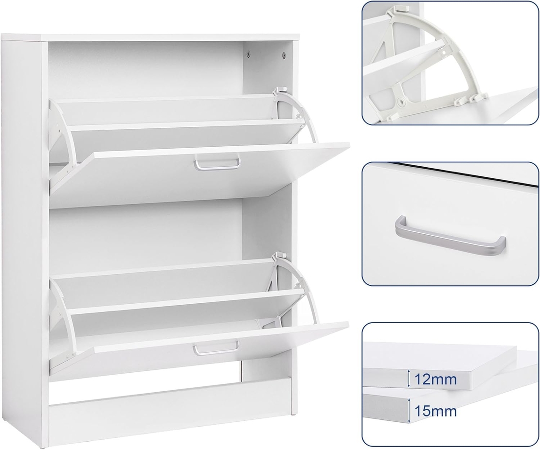 VASAGLE Dulap pantofi cu 2 usi rabatabile, din MDF, pentru 8-12 perechi, 60x24x84cm, alb