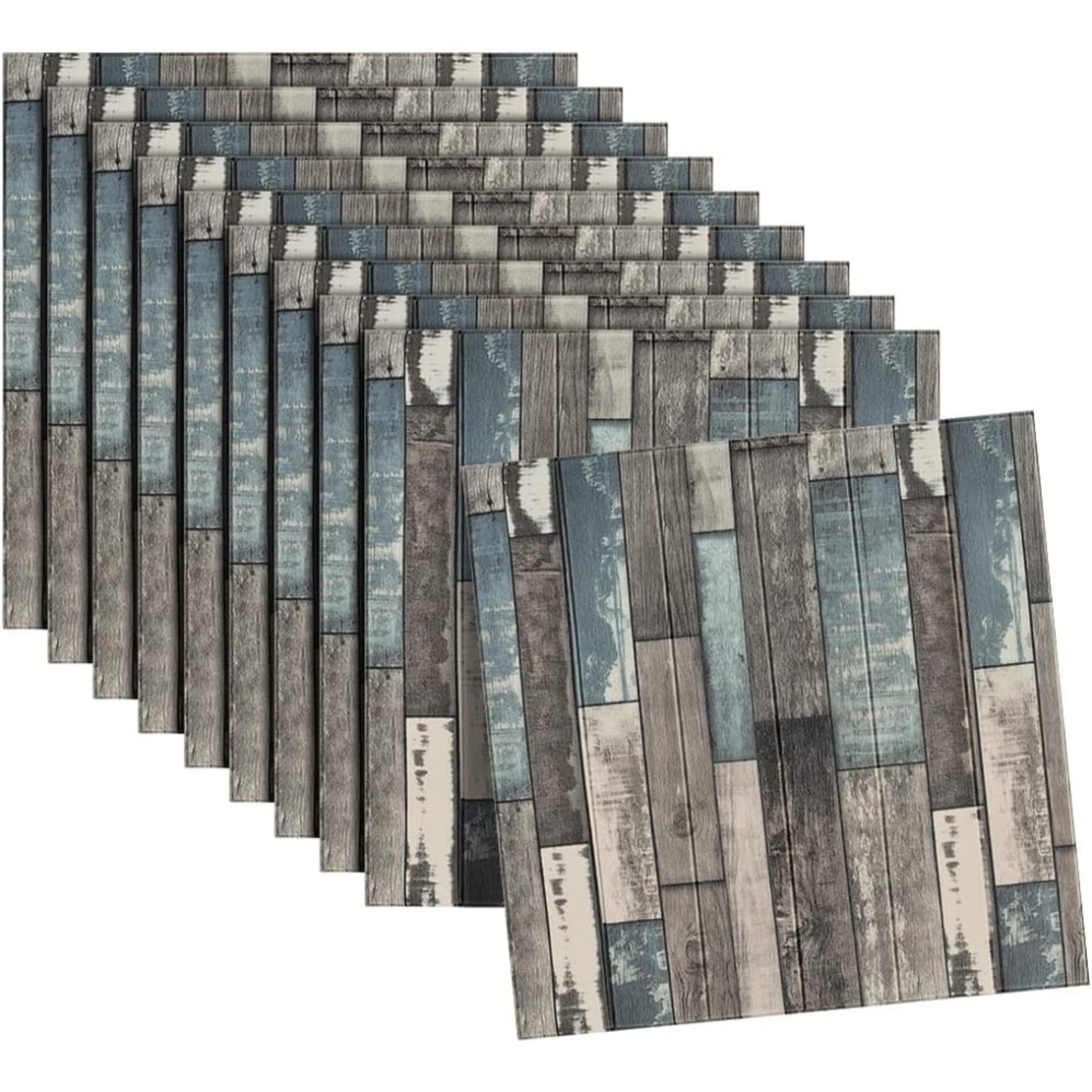 Set 10 Placi Tapet 3D, Vafy, 70 x 70 cm, Grosime 3 mm, din Rasina, Tip Placi de Lemn, Suprafata Acoperita 4.9 mp, Gri/Albastru