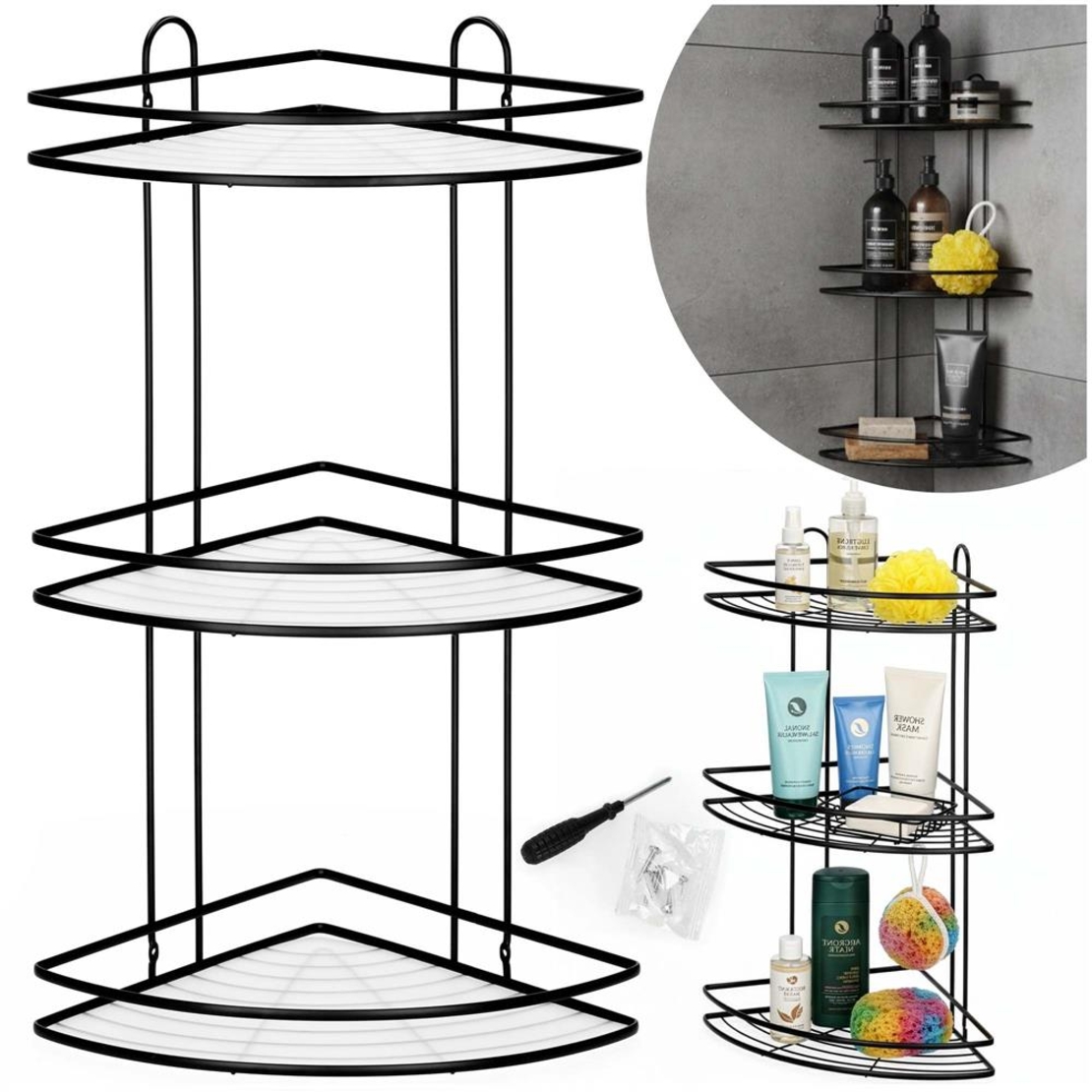 Etajera de colt pentru dus, cu 3 polite, montaj pe perete, inox, 25x25x59 cm, negru