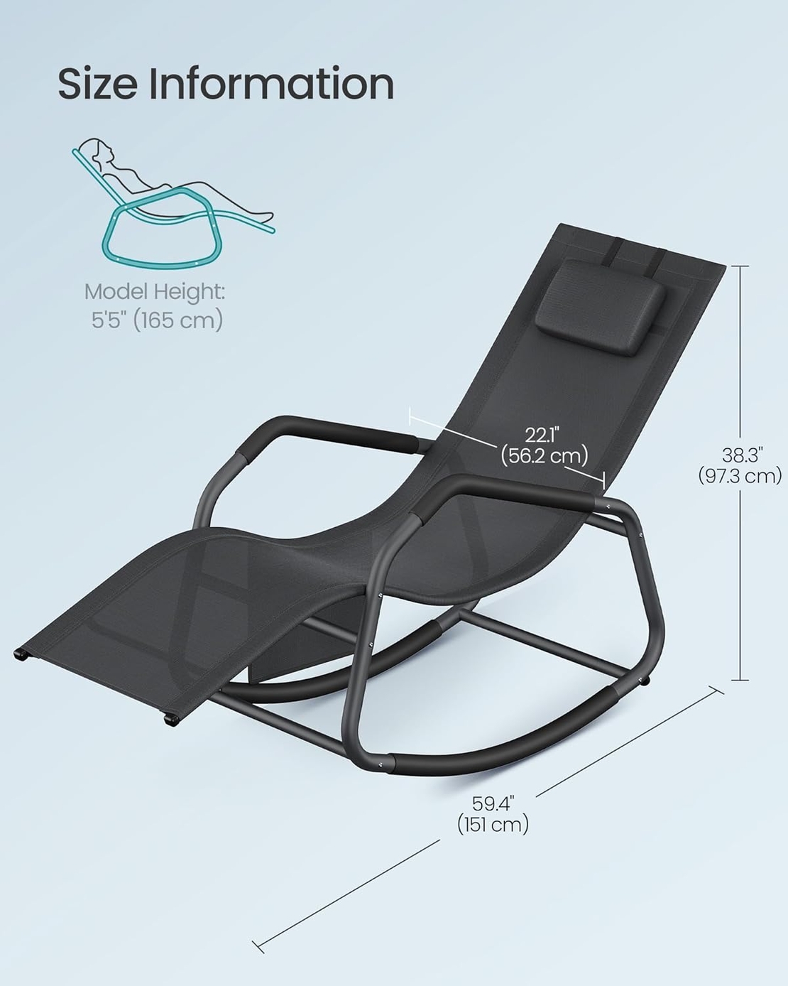 SONGMICS Sezlong balansoar gradina, cu tetiera reglabila si buzunar lateral, cadru otel, maxim 150 kg, 151x56x97 cm, negru