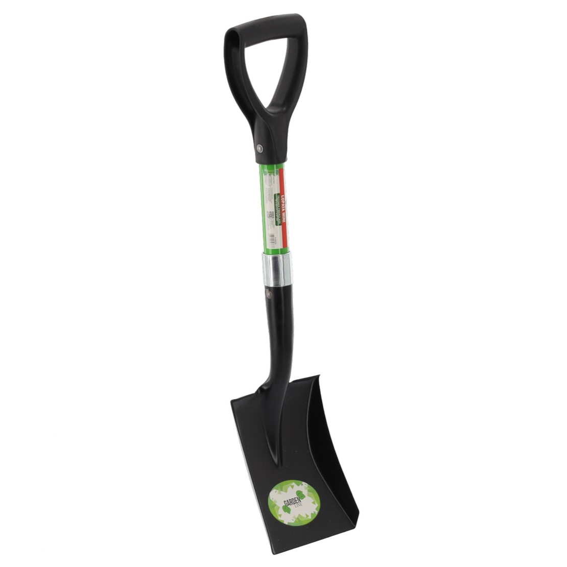 Lopata mini cu lama dreapta, maner fibra de sticla, cap metalic, 67 cm, maner tip D, verde si negru