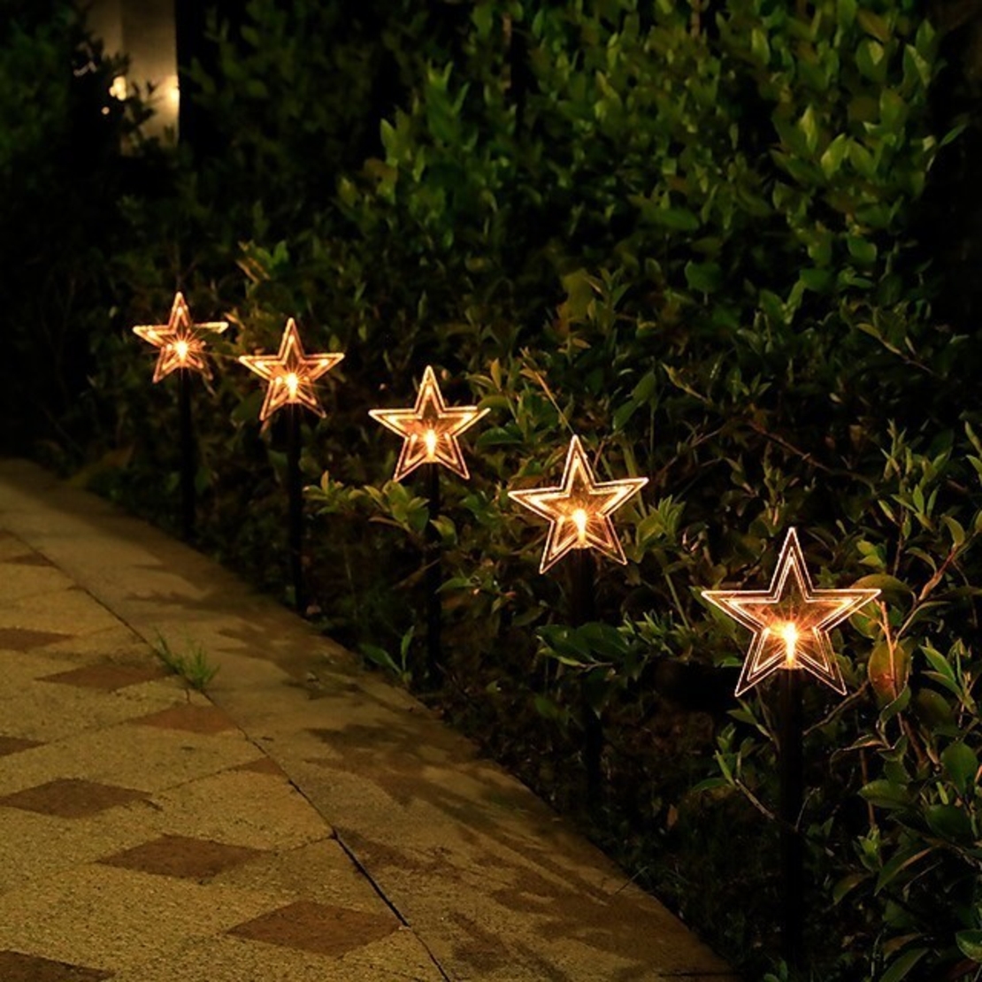 Set 5 Lampi LED cu baterii, de exterior Model Stea, pentru gradina, Vafy, 35.5 cm, Alb Cald