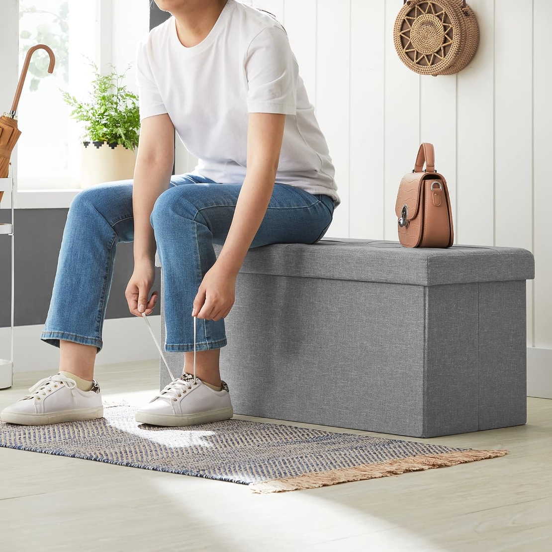 SONGMICS Taburet pliabil cu sezut moale, spatiu de depozitare 80litri, maxim 300kg, 76x38x38cm, gri