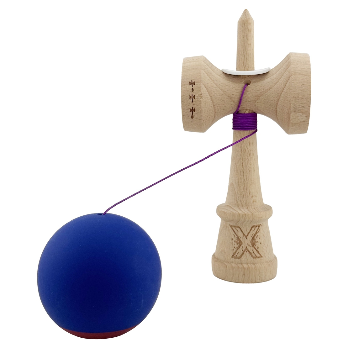 Kendama X Originala, Profesionala, Flippy, Rubber Grip, Cupe Mari KING SIZE V3, Gaura in Baza, Rulment Metalic, din lemn 18 cm, Ata 62/65 cm, Bicolor Albastru inchis/Rosu