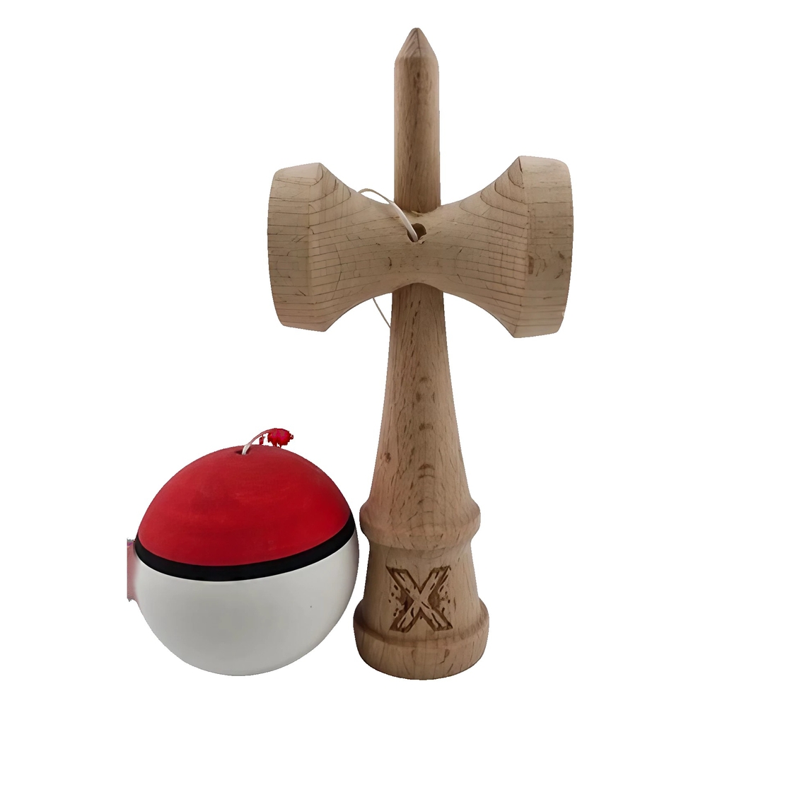Kendama X Originala, Profesionala, Flippy, din Lemn, Rubber Grip, 18 cm, Rosu/Alb