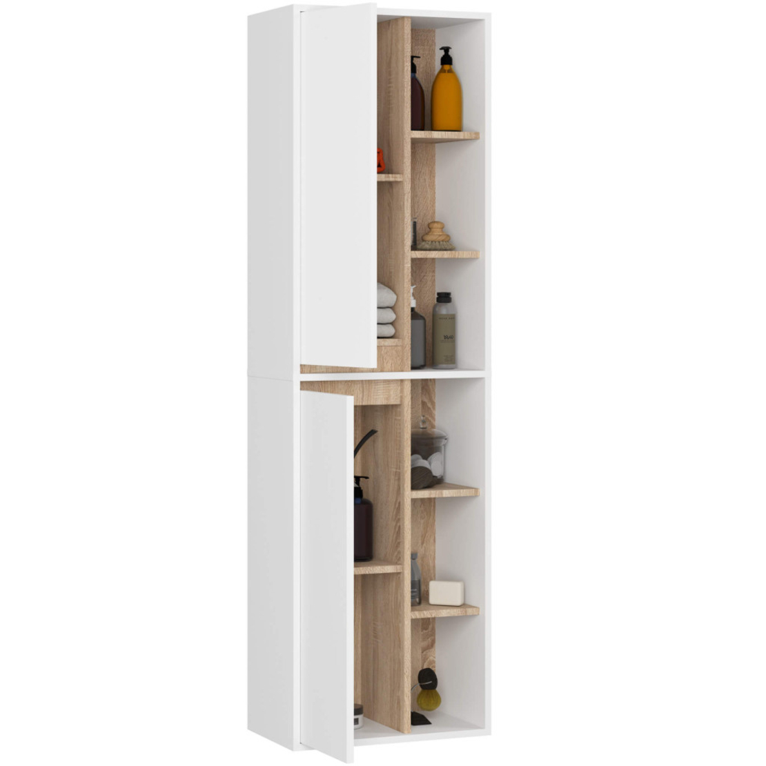 Dulap de baie suspendat cu 2 usi si 6 rafturi, PAL 16 mm, 50x30x170 cm, alb si stejar sonoma