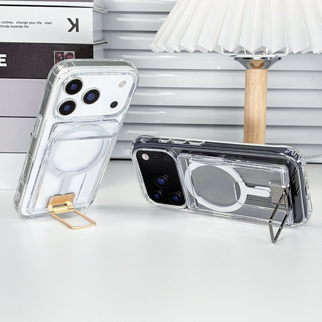 Husa pentru Carduri, Vafy, Compatibil cu Telefon Apple Magsafe, Accesoriu pentru Husa MagSafe, cu Suport Pliabil Auriu, Transparent