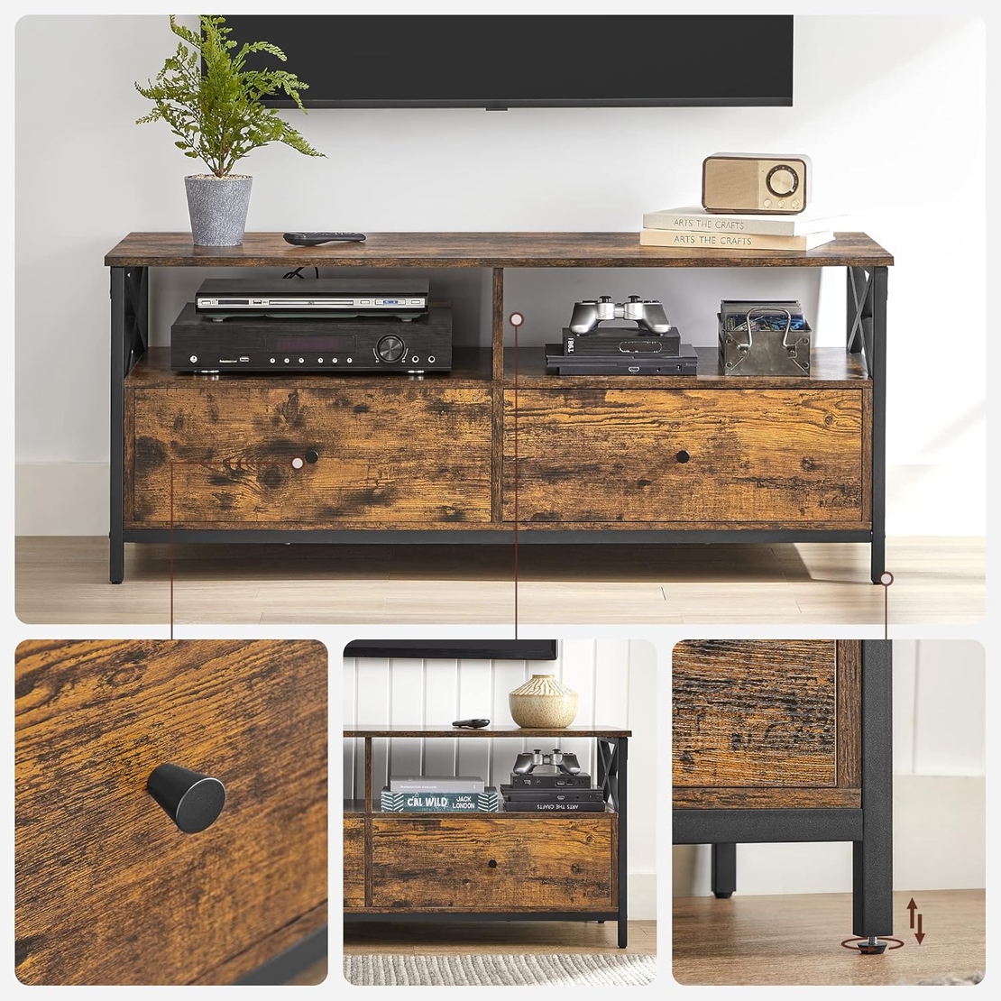 VASAGLE Comoda TV cu 2 sertare si 2 rafturi, cadru metalic, stil industrial, 120x40x50 cm, maro rustic