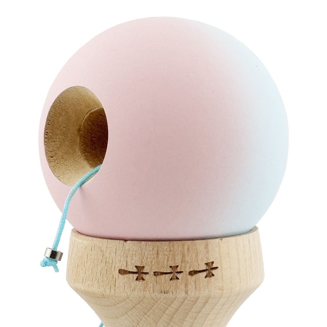 Kendama X Originala, Profesionala, Flippy, Cupe Mari KING SIZE V3, Rubber Grip, Gaura in Baza, Rulment Metalic, din lemn 18 cm, Ata 62/65 cm, Gradient Albastru deschis/Roz