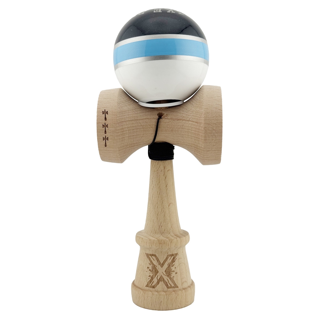 Kendama X Originala ROYAL SPIKE, Profesionala, Flippy, Cupe Mari KING SIZE V3, Super Sticky, Gaura in Baza, Rulment Metalic, din lemn 18 cm, Ata 62/65 cm, Inel Albastru deschis