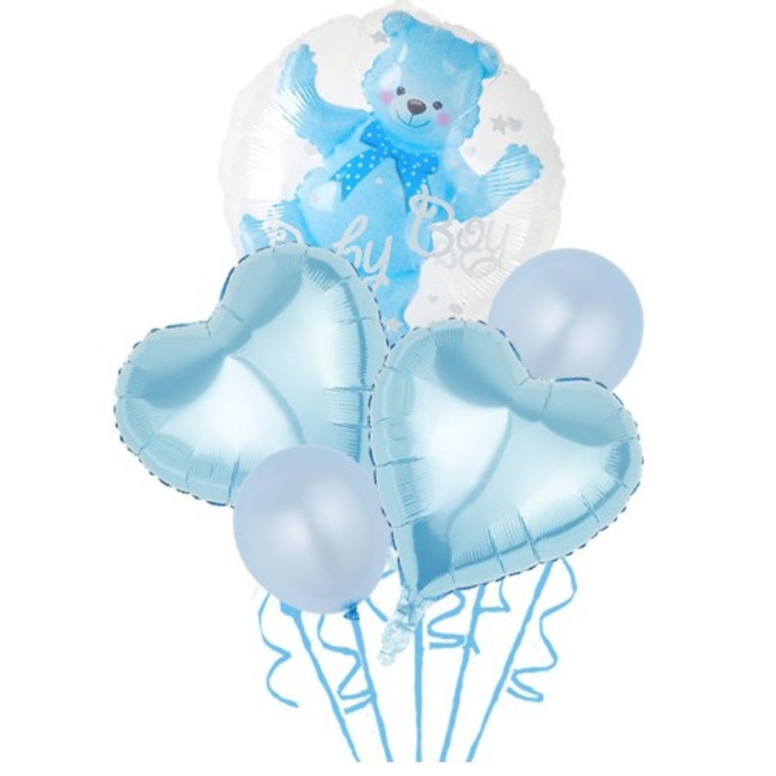 Set Baloane Aniversare, Vafy, set din 5 bucati, 1 bucata urs, 2 inimi folie, 2 simple din latex Baby Boy, 60 cm Albastru