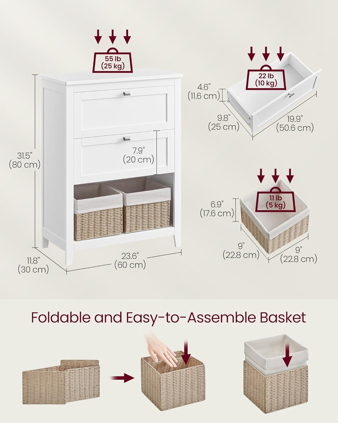 VASAGLE Dulap baie cu 2 sertare, 2 cosuri si raft, separatoare reglabile, MDF, 30x60x80 cm, alb