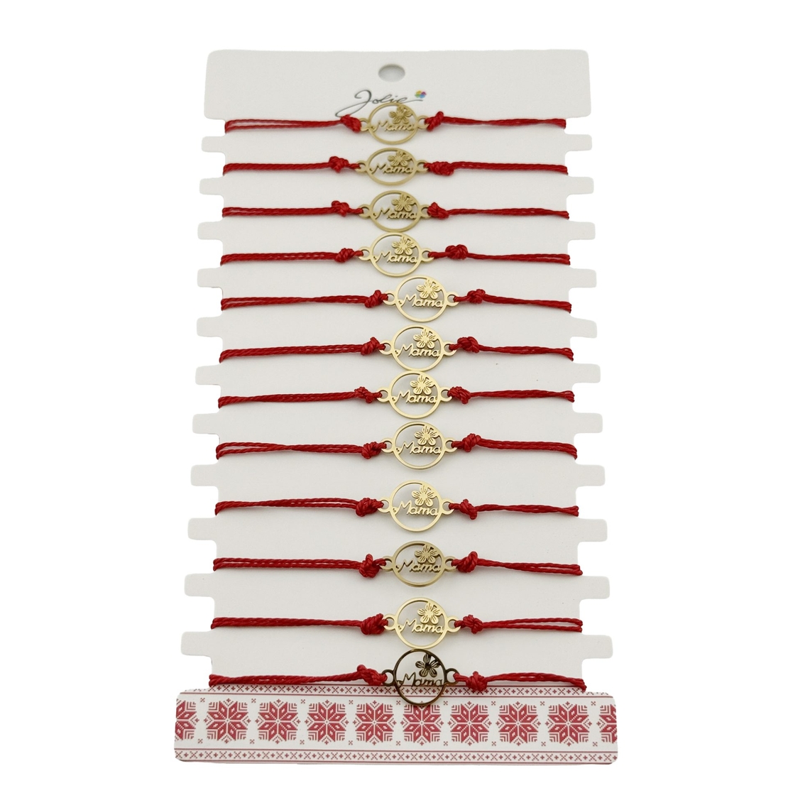 Bratara Martisor pentru Dama, Jolie, Model Mama cu Floare, Set 12 bucati, Pandativ din Inox Auriu, Snur Ajustabil Impletit, Rosu