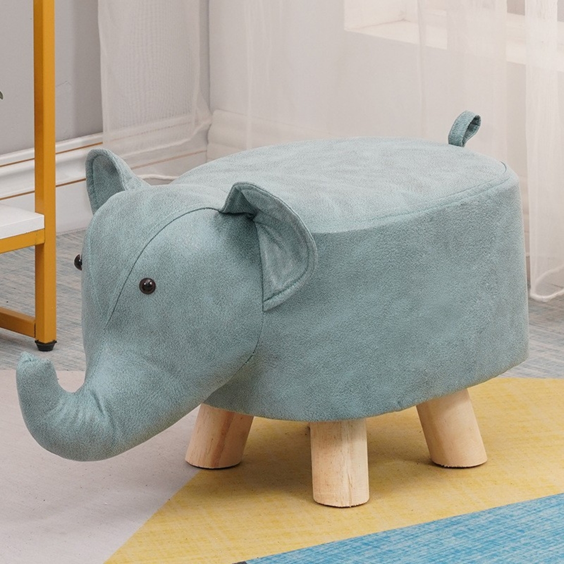Taburet pentru Copii, Vafy, Scaun Tip Taburet, Model Elefant, din Lemn Masiv, Scaun pentru Copii, 30 x 25 x 25 cm, Albastru