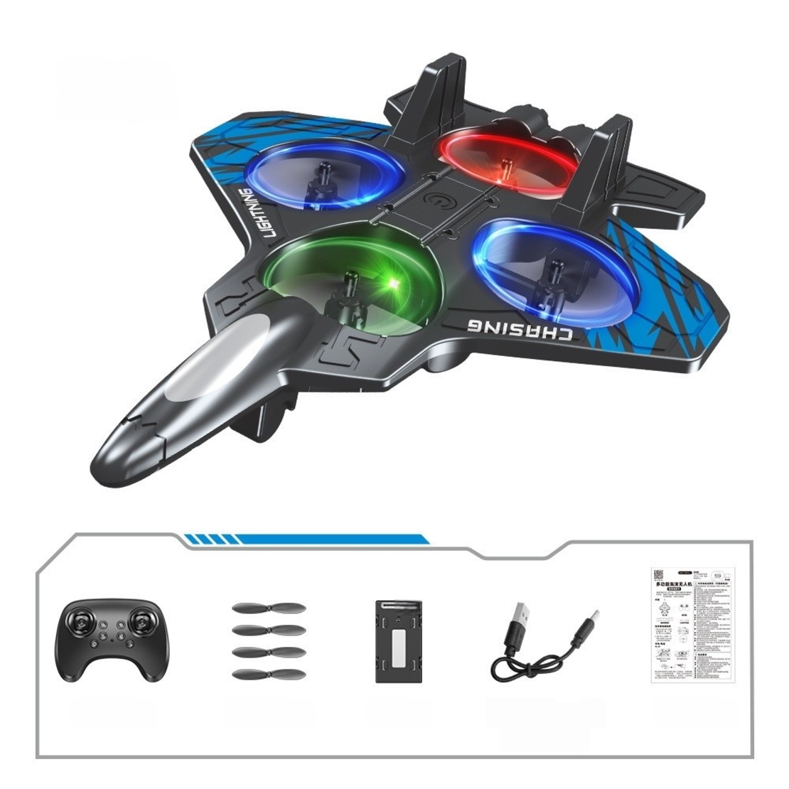 Avion de Lupta cu Telecomanda, Flippy, Tip Drona, din EVA (Spuma), cu Telecomanda, Incarcare USB, 2.4 GHz, Rotire 360°, Zbor pana la 120 m, LED, 25.5 x 18 x 5.2 cm, Negru-Albastru