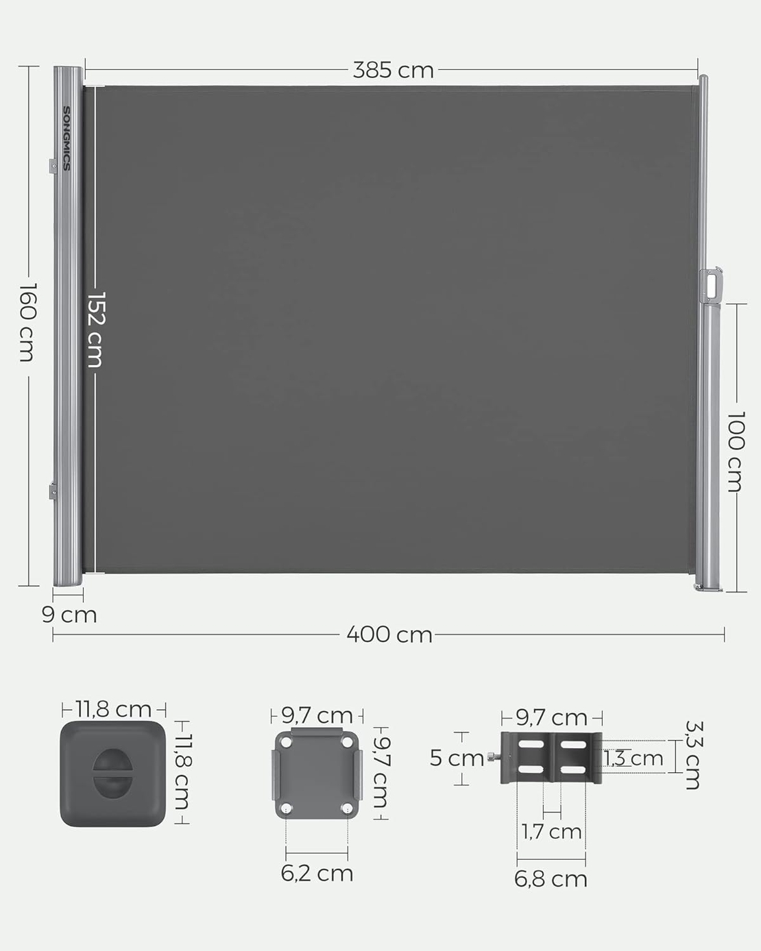 SONGMICS Paravan lateral pentru intimitate, extensibil, sistem fixare inclus, 160x400cm, gri