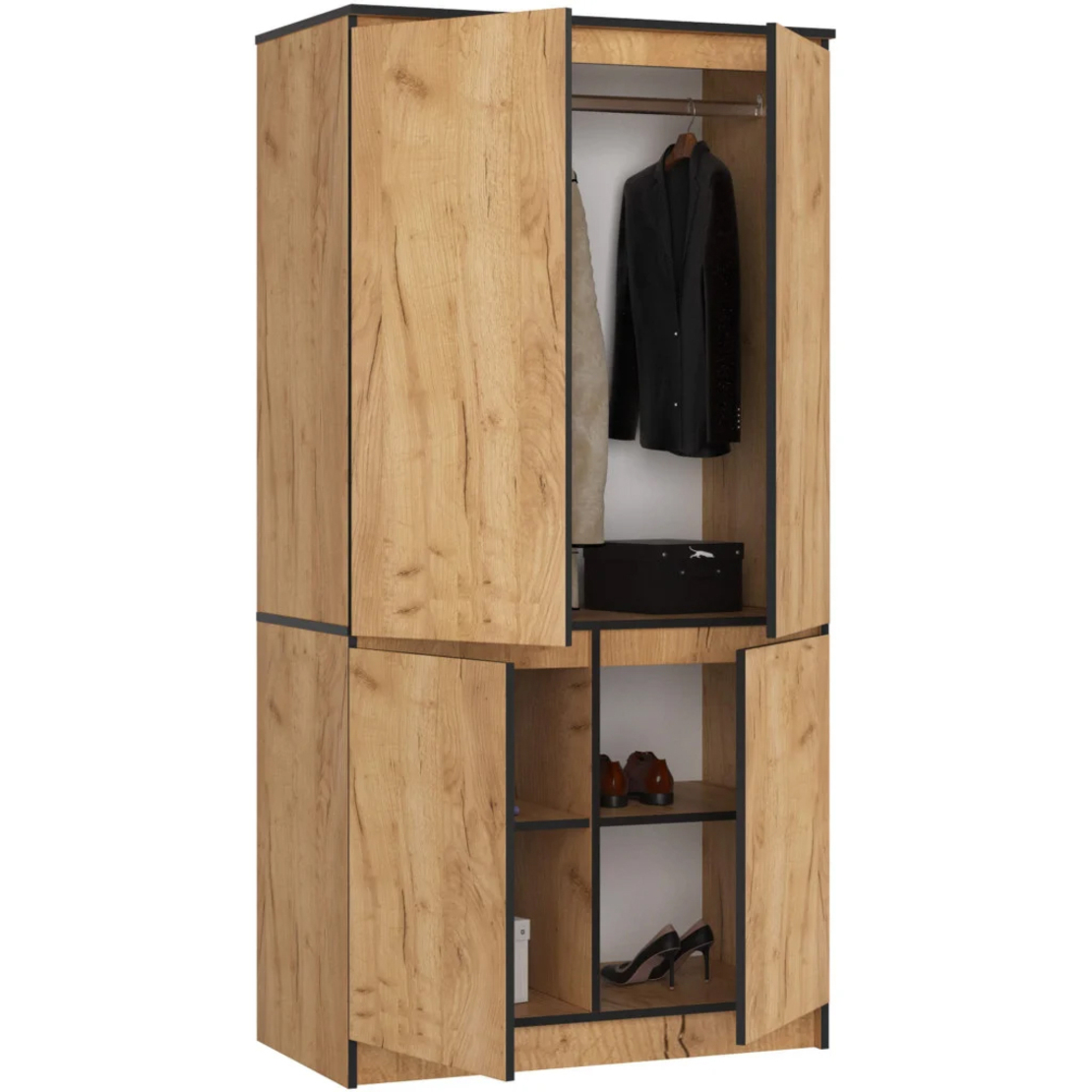 Dulap cu 4 usi, rafturi si bara pentru umerase, PAL laminat, 90x51x180 cm, stejar craft