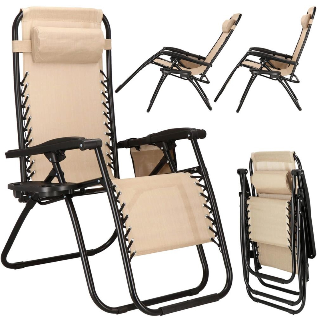 Sezlong scaun pliant plaja sau gradina, Siesta, gravitatie zero, cu tetiera, 175x67x110 cm, bej