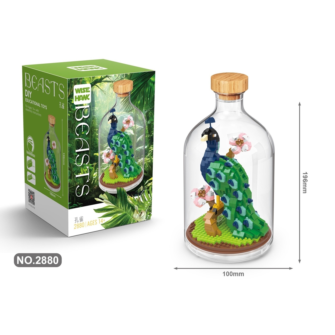 Set de Construit in Sticla, Flippy, 651 Piese, din Plastic, +14 Ani, 10 x 19.6 cm, Model Paun, Multicolor